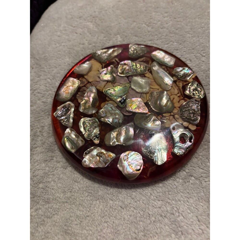 Vintage MCM Colonial Resin Abalone Shell Trivet Hot Plate Purple Magenta Swirl